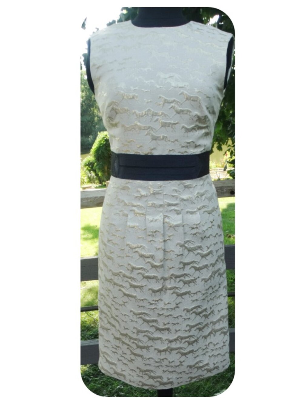 TORY BURCH Size 6 Pencil Dress, HORSES, gold metallic jacquard, silk blend